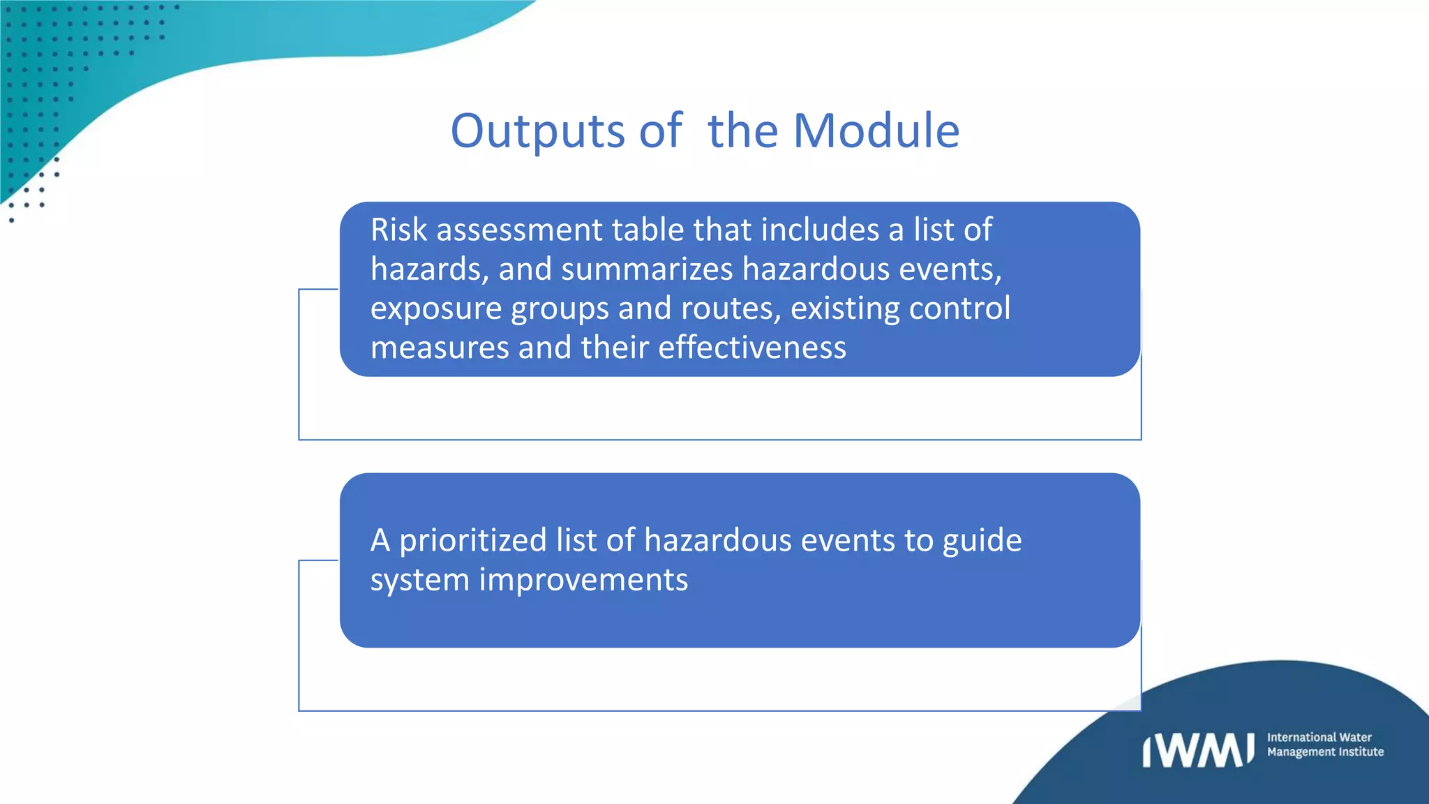 Outputs of the Module
Risk assessment table that includes a list of
hazards, and summarizes hazardous events,
exposure groups and routes, existing control
measures and their effectiveness
A prioritized list of hazardous events to guide
system improvements