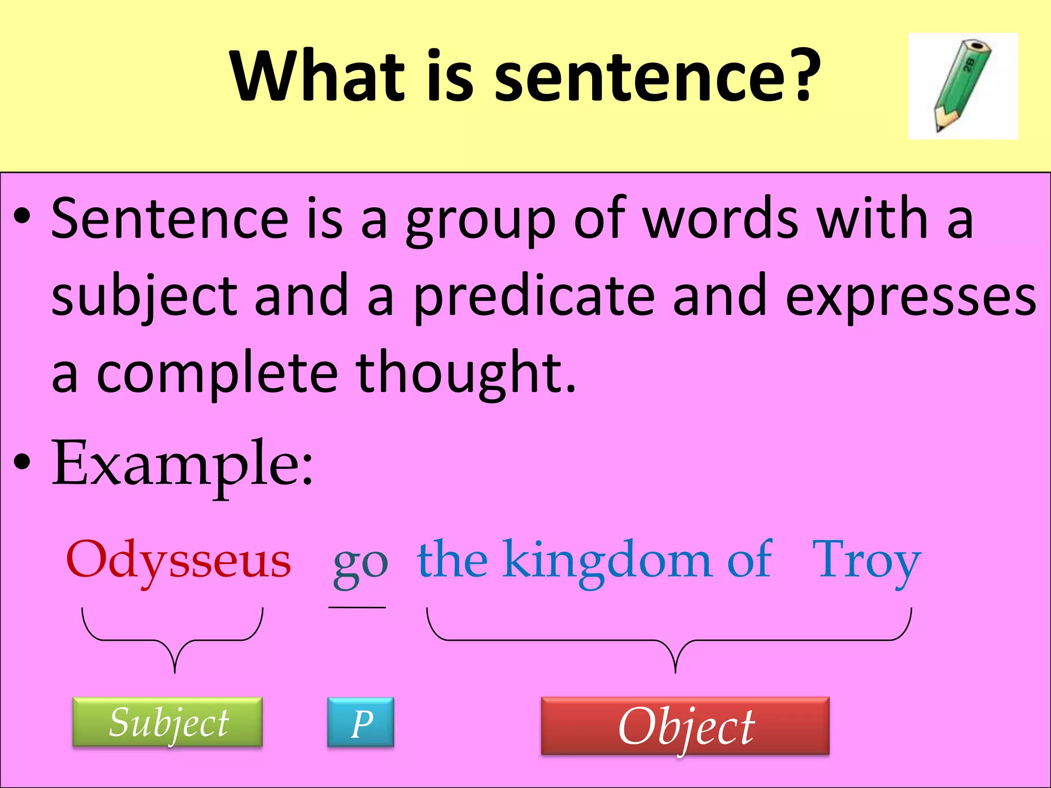 What is sentence?
• Sentence is a group of words with a
subject and a predicate and expresses
a complete thought.
• Example:
Odysseus go the kingdom of Troy
Subject P Object
 
