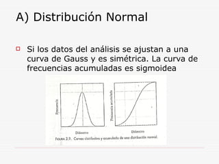 A) Distribución Normal
 Si los datos del análisis se ajustan a una
curva de Gauss y es simétrica. La curva de
frecuencias acumuladas es sigmoidea
 