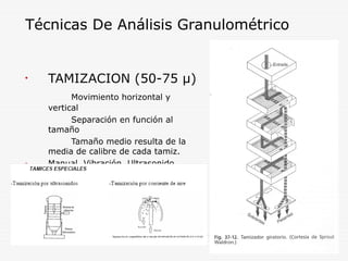 Técnicas De Análisis Granulométrico
• TAMIZACION (50-75 μ)
Movimiento horizontal y
vertical
Separación en función al
tamaño
Tamaño medio resulta de la
media de calibre de cada tamiz.
- Manual, Vibración, Ultrasonido
En corriente de aire.
 