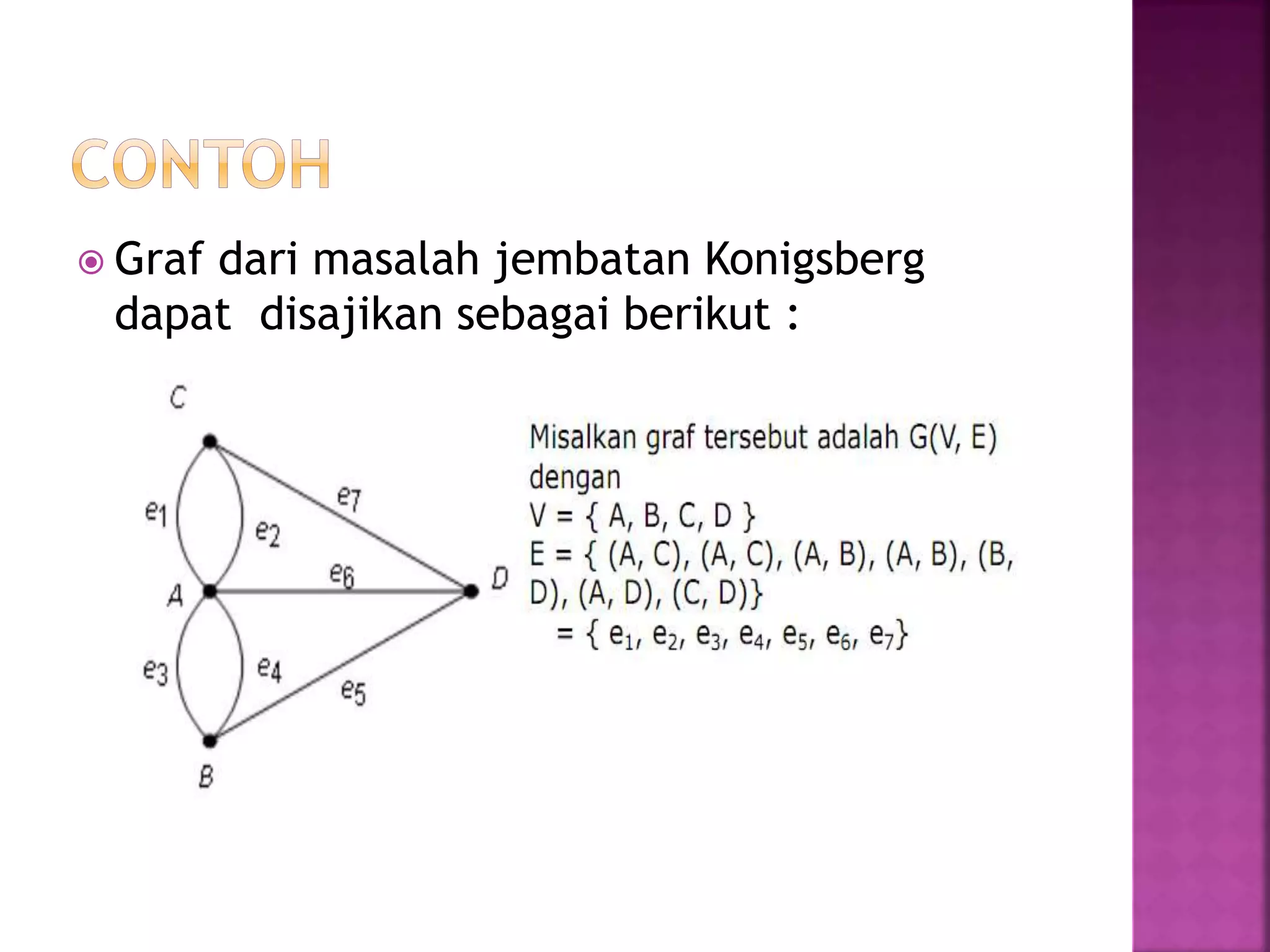  Graf dari masalah jembatan Konigsberg
dapat disajikan sebagai berikut :
 
