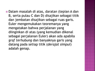  Dalam masalah di atas, daratan (tepian A dan
B, serta pulau C dan D) disajikan sebagai titik
dan jembatan disajikan sebagai ruas garis.
Euler mengemukakan teoremanya yang
mengatakan bahwa perjalanan yang
diinginkan di atas (yang kemudian dikenal
sebagai perjalanan Euler) akan ada apabila
graf terhubung dan banyaknya garis yang
datang pada setiap titik (derajat simpul)
adalah genap.
 