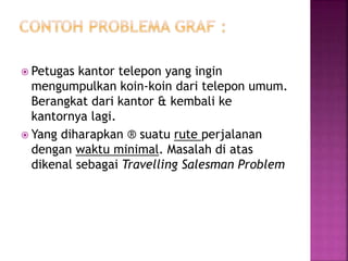  Petugas kantor telepon yang ingin
mengumpulkan koin-koin dari telepon umum.
Berangkat dari kantor & kembali ke
kantornya lagi.
 Yang diharapkan ® suatu rute perjalanan
dengan waktu minimal. Masalah di atas
dikenal sebagai Travelling Salesman Problem
 