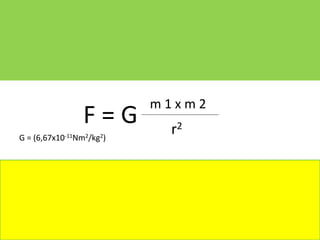 F = G 
G = (6,67x10-11Nm2/kg2) 
m 1 x m 2 
r2 
 