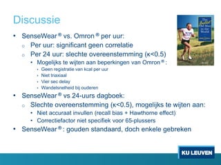 Discussie
• SenseWear ® vs. Omron ® per uur:
o Per uur: significant geen correlatie
o Per 24 uur: slechte overeenstemming (κ<0.5)
• Mogelijks te wijten aan beperkingen van Omron ® :
• Geen registratie van kcal per uur
• Niet triaxiaal
• Vier sec delay
• Wandelsnelheid bij ouderen
• SenseWear ® vs 24-uurs dagboek:
o Slechte overeenstemming (κ<0.5), mogelijks te wijten aan:
• Niet accuraat invullen (recall bias + Hawthorne effect)
• Correctiefactor niet specifiek voor 65-plussers
• SenseWear ® : gouden standaard, doch enkele gebreken
 