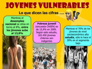 Lo que dicen las cifras …. Mientras el  desempleo nacional  se sitúa en torno al 8%,  entre los jóvenes sube al 13,8% Pobreza juvenil  (encuesta CASEN) es de 15,9% en 2009.  Según este estudio, 165.450 jóvenes chilenos son indigentes Mientras el 70% de los jóvenes de nivel socioeconómico alto  estudia , sólo lo hace el 39% en el segmento bajo 