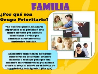 En nuestra condición de discípulos misioneros de Jesucristo, estamos llamados a trabajar para que esta situación sea transformada y la familia asuma su ser y su misión en el ámbito de la sociedad y de la Iglesia.” (DA 432) ¿Por qué son  Grupo Prioritario? “ En nuestros países, una parte importante de la población está siendo afectada por difíciles condiciones de vida que amenazan directamente la institución familiar.  