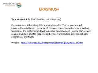 ERASMUS+ 
Total amount: € 14.774,52 million (current prices) 
Erasmus+ aims at boosting skills and employability. The programme will 
increase the quality and relevance of Europe’s education systems by providing 
funding for the professional development of education and training staff, as well 
as youth workers and for cooperation between universities, colleges, schools, 
enterprises, and NGOs. 
Website: http://ec.europa.eu/programmes/erasmus-plus/index_en.htm 
 