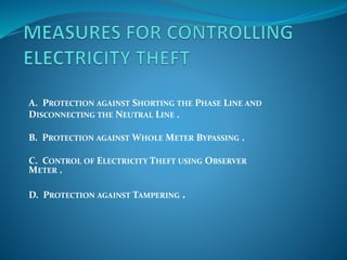 A. PROTECTION AGAINST SHORTING THE PHASE LINE AND
DISCONNECTING THE NEUTRAL LINE .
B. PROTECTION AGAINST WHOLE METER BYPASSING .
C. CONTROL OF ELECTRICITY THEFT USING OBSERVER
METER .
D. PROTECTION AGAINST TAMPERING .
 