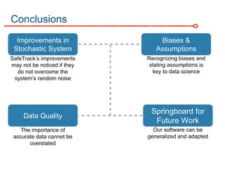 Conclusions
Improvements in
Stochastic System
Biases &
Assumptions
Data Quality
Springboard for
Future Work
SafeTrack’s improvements
may not be noticed if they
do not overcome the
system’s random noise
Recognizing biases and
stating assumptions is
key to data science
The importance of
accurate data cannot be
overstated
Our software can be
generalized and adapted
 