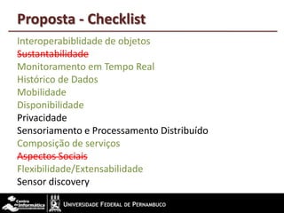 Proposta - Checklist
Interoperabiblidade de objetos
Sustantabilidade
Monitoramento em Tempo Real
Histórico de Dados
Mobilidade
Disponibilidade
Privacidade
Sensoriamento e Processamento Distribuído
Composição de serviços
Aspectos Sociais
Flexibilidade/Extensabilidade
Sensor discovery
 