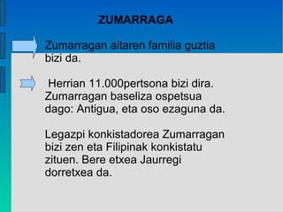 ZUMARRAGA

Zumarragan aitaren familia guztia
bizi da.

Herrian 11.000pertsona bizi dira.
Zumarragan baseliza ospetsua
dago: Antigua, eta oso ezaguna da.

Legazpi konkistadorea Zumarragan
bizi zen eta Filipinak konkistatu
zituen. Bere etxea Jaurregi
dorretxea da.
 