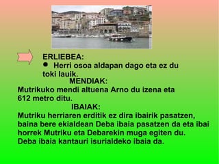 ERLIEBEA:
        Herri osoa aldapan dago eta ez du
       toki lauik.
               MENDIAK:
Mutrikuko mendi altuena Arno du izena eta
612 metro ditu.
                IBAIAK:
Mutriku herriaren erditik ez dira ibairik pasatzen,
baina bere ekialdean Deba ibaia pasatzen da eta ibai
horrek Mutriku eta Debarekin muga egiten du.
Deba ibaia kantauri isurialdeko ibaia da.
 