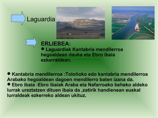 Laguardia


              ERLIEBEA:
              Laguardiak Kantabria mendilerroa
              hegoaldean dauka eta Ebro ibaia
              ezkerraldean.

Kantabria mendilerroa :Toloñoko edo kantabria mendilerroa
Arabako hegoaldean dagoen mendilerro baten izana da.
Ebro ibaia :Ebro ibaiak Araba eta Nafarroako beheko aldeko
lurrak ureztatzen dituen ibaia da ,zatirik handienean euskal
lurraldeak ezkerreko aldean ukituz.
 