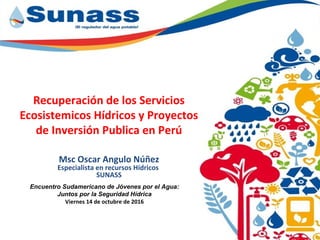 Recuperación de los Servicios
Ecosistemicos Hídricos y Proyectos
de Inversión Publica en Perú
Msc Oscar Angulo Núñez
Especialista en recursos Hídricos
SUNASS
Encuentro Sudamericano de Jóvenes por el Agua:
Juntos por la Seguridad Hídrica
Viernes 14 de octubre de 2016
 