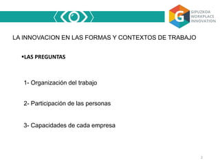 LA INNOVACION EN LAS FORMAS Y CONTEXTOS DE TRABAJO
2
LAS PREGUNTAS
1- Organización del trabajo
2- Participación de las personas
3- Capacidades de cada empresa
 