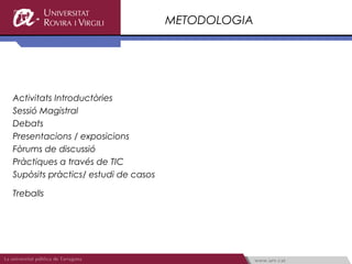 METODOLOGIA




Activitats Introductòries
Sessió Magistral
Debats
Presentacions / exposicions
Fòrums de discussió
Pràctiques a través de TIC
Supòsits pràctics/ estudi de casos

Treballs
 