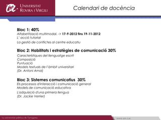 Calendari de docència


Bloc 1: 40%
Alfabetització multimodal. -> 17-9-2012 fins 19-11-2012
L’ acció tutorial
La gestió de conflictes al centre educatiu

Bloc 2: Habilitats i estratègies de comunicació 30%
Característiques del llenguatge escrit
Composició
Puntuació
Models textuals de l’àmbit universitari
(Dr. Antoni Arnal)


Bloc 3: Sistemes comunicatius 30%
Els processos d'interacció i comunicació general
Models de comunicació educativa
L'adquisició d'una primera llengua
(Dr. Jackie Verrier)
 