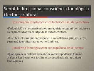 Sentit bidireccional consciència fonològica
i lectoescriptura:
 Consciència fonològica com factor causal de la lectura:
-L’adquisició de la consciència és un requisit necessari per iniciar-se
en el procés d’aprenentatge de la lectoescriptura.
-Descobrir el sons que corresponen a cada lletra o grup de lletres
permetrà identificar paraules no familiars.
 Conciència fonològica com conseqüència de la lectura:
-Quan aprenem l’alfabet descobrim la correspodència fonema-
grafema. Les lletres ens facilitem la consciència de les unitats
fonològiques.
 