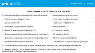 COMO AYUDARME SI ESTOY EN DUELO. AUTOCUIDADO:
- Hablar de lo sucedido, hablar de la enfermedad, de la muerte - Darse un tiempo para recuperarse
- Evitar la negación: estoy muy bien… - Poco a poco ir recuperando rutinas
- Expresar sentimientos . - Darle nuevo sentido a la vida
- Permitirse la ira y sentimientos negativos - Respetar mi ritmo
- Reconocer la pérdida dejando sentir el dolor - Confirmar la identidad
- Buscar un espacio donde poder hablar de como me encuentro - No idealizar al difunto
- No aislarse, aunque será bueno pasar tiempo conmigo mismo - No tomar decisiones importantes
- Reestablecer el mundo de las relaciones - Haz de tu casa un espacio acogedor, pide ayuda
- Cuida de tu sueño, alimentación, actividad física recreativa, aseo personal y disfruta de la naturaleza y el sol.
- Desarrollo espiritual: Crea un espacio especial. Práctica del silencio diaria. Busca cosas que te nutran
espiritualmente. Potencia tu creatividad artística.
HABLEMOS DE DUELO
 