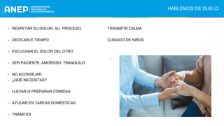 - RESPETAR SU DOLOR. SU PROCESO. TRASMITIR CALMA
- DEDICARLE TIEMPO CUIDADO DE NIÑOS
- ESCUCHAR EL DOLOR DEL OTRO
- SER PACIENTE. AMOROSO. TRANQUILO
- NO ACONSEJAR
- ¿QUÉ NECESITAS?
- LLEVAR O PREPARAR COMIDAS
- AYUDAR EN TAREAS DOMÉSTICAS
- TRÁMITES
.
HABLEMOS DE DUELO
 