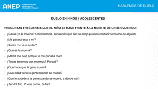 DUELO EN NIÑOS Y ADOLESCENTES
.
PREGUNTAS FRECUENTES QUE EL NIÑO SE HACE FRENTE A LA MUERTE DE UN SER QUERIDO:
- ¿Causé yo la muerte? Omnipotencia, sensación que con su enojo pueden producir la muerte de alguien.
- ¿Me pasará esto a mí?
- ¿Quién me va a cuidar?
- ¿Qué es la muerte?
- ¿Mamá me dejó porque yo me portaba mal?
- ¿Todos tenemos que morirnos? Porqué?
- ¿Qué hace que la gene muera?
- ¿Qué edad tiene la gente cuando se muere?
- ¿Qué le sucede a la gene cuando se muere, a donde van?
- ¿Tendrá frío. Puede comer. Sufre?
HABLEMOS DE DUELO
 