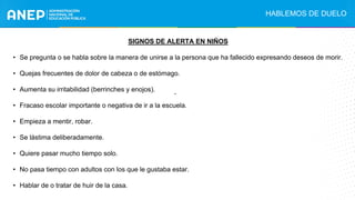 SIGNOS DE ALERTA EN NIÑOS
• Se pregunta o se habla sobre la manera de unirse a la persona que ha fallecido expresando deseos de morir.
• Quejas frecuentes de dolor de cabeza o de estómago.
• Aumenta su irritabilidad (berrinches y enojos).
• Fracaso escolar importante o negativa de ir a la escuela.
• Empieza a mentir, robar.
• Se lástima deliberadamente.
• Quiere pasar mucho tiempo solo.
• No pasa tiempo con adultos con los que le gustaba estar.
• Hablar de o tratar de huir de la casa.
.
HABLEMOS DE DUELO
 