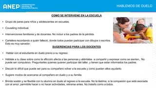 COMO SE INTERVIENE EN LA ESCUELA
• Grupo de pares para niños y adolescentes en escuelas.
• Couseling individual.
• Intervenciones familiares y de docentes. No incluir a los padres de la pérdida.
• Cartelera recordando a quién falleció, donde todos puedan participar con dibujos o escritos.
Esto es muy sanador.
SUGERENCIAS PARA LOS DOCENTES
• Hablar con el estudiante en duelo previo a su regreso
• Háblale a tu clase sobre como la aflicción afecta a las personas y aliéntalas a compartir y expresar como se sienten,. No
puede ser compulsivo. Preguntarles quienes quieren participar del taller, y tienen que estar informados los padres.
• Discutir lo difícil que puede ser para su compañero volver a la escuela y como pueden ellos ayudarlo.
• Sugiere modos de acercarse al compañero en duelo y a su familia.
• Brinda sostén y se flexible con tu alumno en duelo al regreso a la escuela. No la lástima, si la compasión que está asociada
con el amor, permitirle hacer o no hacer actividades, retirarse antes. No tratarlo como a todos.
.
HABLEMOS DE DUELO
 