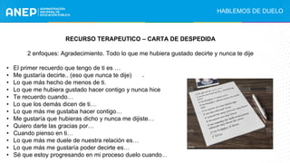 .
RECURSO TERAPEUTICO – CARTA DE DESPEDIDA
2 enfoques: Agradecimiento. Todo lo que me hubiera gustado decirte y nunca te dije
• El primer recuerdo que tengo de ti es …
• Me gustaría decirte.. (eso que nunca te dije)
• Lo que más hecho de menos de ti.
• Lo que me hubiera gustado hacer contigo y nunca hice
• Te recuerdo cuando…
• Lo que los demás dicen de ti…
• Lo que más me gustaba hacer contigo…
• Me gustaría que hubieras dicho y nunca me dijiste…
• Quiero darte las gracias por…
• Cuando pienso en ti…
• Lo que más me duele de nuestra relación es…
• Lo que más me gustaría poder decirte es…
• Sé que estoy progresando en mi proceso duelo cuando…
HABLEMOS DE DUELO
 