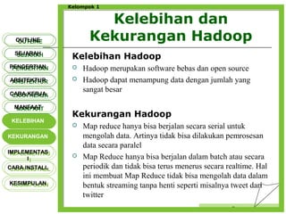 Kelebihan dan
Kekurangan Hadoop
Censor
Kelompok 1
Kelebihan Hadoop
 Hadoop merupakan software bebas dan open source
 Hadoop dapat menampung data dengan jumlah yang
sangat besar
Kekurangan Hadoop
 Map reduce hanya bisa berjalan secara serial untuk
mengolah data. Artinya tidak bisa dilakukan pemrosesan
data secara paralel
 Map Reduce hanya bisa berjalan dalam batch atau secara
periodik dan tidak bisa terus menerus secara realtime. Hal
ini membuat Map Reduce tidak bisa mengolah data dalam
bentuk streaming tanpa henti seperti misalnya tweet dari
twitter
OUTLINEOUTLINE
SEJARAHSEJARAH
PENGERTIANPENGERTIAN
ARSITEKTURARSITEKTUR
MANFAATMANFAAT
CARA KERJACARA KERJA
KELEBIHANKELEBIHAN
KEKURANGANKEKURANGAN
IMPLEMENTAS
I
IMPLEMENTAS
I
CARA INSTALLCARA INSTALL
KESIMPULANKESIMPULAN
 