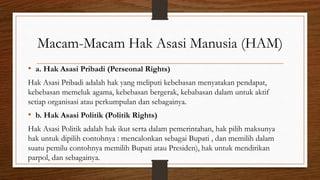 Macam-Macam Hak Asasi Manusia (HAM)
• a. Hak Asasi Pribadi (Perseonal Rights)
Hak Asasi Pribadi adalah hak yang meliputi kebebasan menyatakan pendapat,
kebebasan memeluk agama, kebebasan bergerak, kebabasan dalam untuk aktif
setiap organisasi atau perkumpulan dan sebagainya.
• b. Hak Asasi Politik (Politik Rights)
Hak Asasi Politik adalah hak ikut serta dalam pemerintahan, hak pilih maksunya
hak untuk dipilih contohnya : mencalonkan sebagai Bupati , dan memilih dalam
suatu pemilu contohnya memilih Bupati atau Presiden), hak untuk mendirikan
parpol, dan sebagainya.
 