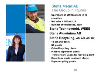 Stena Metall AB
    The Group in figures
• Operations at 250 locations in 15
  countries
• Net sales 4 billion $US
• Number of employees, 3500
Stena Technoworld, WEEE
Stena Aluminium AB
Stena Recycling, AB, A/S, AS, OY
•   10 car shredders
•   NF-plants
•   Cable Recycling plants
•   Plastics separation plants
•   Transformer / Capacitor recycling plant
•   Hazardous waste treatment plants
•   Paper recycling plants


                        www.wasterecovery.se
 