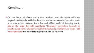  On the basis of above chi square analysis and discussion with the
respondents it can be said that there is a minimum amount of variation in the
perception of the customer for online and offline mode of shopping and in
lieu of the same the null hypothesis ‘Consumer perception towards on
tradition and online channel on selected marketing strategies are same.’ can
be accepted and the alternate hypothesis can be rejected.
Results…
 
