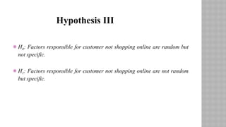  H0: Factors responsible for customer not shopping online are random but
not specific.
 H1: Factors responsible for customer not shopping online are not random
but specific.
Hypothesis III
 