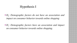 H0: Demographic factors do not have an association and
impact on consumer behavior towards online shopping
H1: Demographic factors have an association and impact
on consumer behavior towards online shopping.
Hypothesis I
 