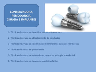 CONSERVADORA,
PERIODONCIA,
CIRUGÍA E IMPLANTES
1- Técnicas de ayuda en la realización de obturaciones
2- Técnicas de ayuda en el tratamiento de conductos
3- Técnicas de ayuda en la eliminación de tinciones dentales Intrínsecas
4- Técnicas de ayuda en periodoncia
5- Técnicas de ayuda en extracciones dentarias y cirugía bucodental
6- Técnicas de ayuda en la colocación de implantes
 