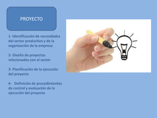 PROYECTO
1- Identificación de necesidades
del sector productivo y de la
organización de la empresa
2- Diseño de proyectos
relacionados con el sector
3- Planificación de la ejecución
del proyecto
4- Definición de procedimientos
de control y evaluación de la
ejecución del proyecto
 