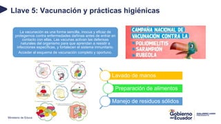 Ministerio de Educación
Llave 5: Vacunación y prácticas higiénicas
La vacunación es una forma sencilla, inocua y eficaz de
protegernos contra enfermedades dañinas antes de entrar en
contacto con ellas. Las vacunas activan las defensas
naturales del organismo para que aprendan a resistir a
infecciones específicas, y fortalecen el sistema inmunitario.
Acceder al esquema de vacunación completo y oportuno.
Lavado de manos
Preparación de alimentos
Manejo de residuos sólidos
 