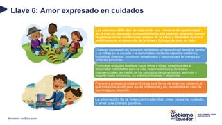 Ministerio de Educación
Llave 6: Amor expresado en cuidados
Los primeros 1000 días de vida existe una “ventana de oportunidad”,
en la cual un adecuado acompañamiento a la persona gestante, junto a
la generación de condiciones propias de la salud y bienestar marcará
positivamente el desarrollo de la niñez a lo largo de toda su vida.
El afecto expresado en cuidados representa un aprendizaje desde la familia
y se refleja en la escuela y la comunidad, mediante espacios solidarios,
inclusivos, diversos, humanos, respetuosos y seguros para la interacción
entre las personas.
Promueve actitudes positivas hacia niños y niñas, enseñándoles a
desarrollar habilidades para la vida, responsabilidad y destrezas
interpersonales por medio de los principios de generosidad, estímulo y
respeto hacia sí mismos, su entorno inmediato y el planeta.
Prevenir y proteger a niñas y niños de toda forma de violencia, sabiendo a
qué instancias acudir para ayuda profesional y es- pecializada en caso de
ocurrir alguna situación.
La eliminación de la violencia intrafamiliar, crear redes de cuidado,
y tener una crianza positiva.
 