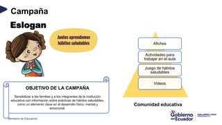 Ministerio de Educación
Campaña
Afiches
Actividades para
trabajar en el aula
Juego de hábitos
saludables
Videos
Comunidad educativa
Eslogan
OBJETIVO DE LA CAMPAÑA
Sensibilizar a las familias y a los integrantes de la institución
educativa con información sobre prácticas de hábitos saludables,
como un elemento clave en el desarrollo físico, mental y
emocional.
 