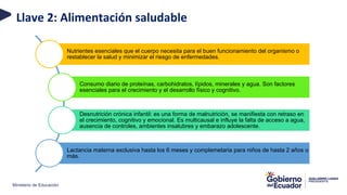 Ministerio de Educación
Nutrientes esenciales que el cuerpo necesita para el buen funcionamiento del organismo o
restablecer la salud y minimizar el riesgo de enfermedades.
Consumo diario de proteínas, carbohidratos, lípidos, minerales y agua. Son factores
esenciales para el crecimiento y el desarrollo físico y cognitivo.
Desnutrición crónica infantil: es una forma de malnutrición, se manifiesta con retraso en
el crecimiento, cognitivo y emocional. Es multicausal e influye la falta de acceso a agua,
ausencia de controles, ambientes insalubres y embarazo adolescente.
Lactancia materna exclusiva hasta los 6 meses y complemetaria para niños de hasta 2 años o
más.
Llave 2: Alimentación saludable
 