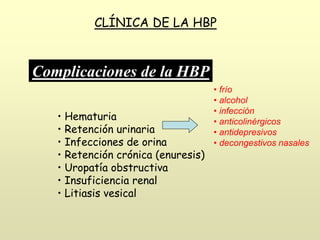 Complicaciones de la HBP
CLÍNICA DE LA HBP
• Hematuria
• Retención urinaria
• Infecciones de orina
• Retención crónica (enuresis)
• Uropatía obstructiva
• Insuficiencia renal
• Litiasis vesical
• frío
• alcohol
• infección
• anticolinérgicos
• antidepresivos
• decongestivos nasales
 
