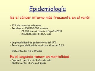 Epidemiología
Es el cáncer interno más frecuente en el varón
• 13% de todos los cánceres
• Incidencia: 100/100.000 varones
• 21.000 nuevos casos en España/2010
• 236.000 casos EEUU / año
• La probabilidad de padecerlo es del 17%
• Pero la probabilidad de morir por él es del 3.6%
• 95% entre los 45 y 89 años
Es el segundo tumor en mortalidad
• Supone la pérdida de 9 años de vida
• 3600 muertes al año en España
 