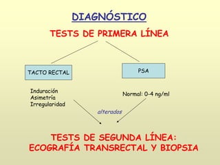 DIAGNÓSTICO
TESTS DE PRIMERA LÍNEA
TACTO RECTAL PSA
Induración
Asimetría
Irregularidad
Normal: 0-4 ng/ml
TESTS DE SEGUNDA LÍNEA:
ECOGRAFÍA TRANSRECTAL Y BIOPSIA
alterados
 