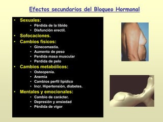 • Sexuales:
• Pérdida de la líbido
• Disfunción erectil.
• Sofocaciones.
• Cambios físicos:
• Ginecomastia.
• Aumento de peso
• Perdida masa muscular
• Perdida de pelo
• Cambios metabólicos:
• Osteopenia.
• Anemia
• Cambios perfil lipídico
• Incr. Hipertensión, diabetes.
• Mentales y emocionales:
• Cambio de carácter.
• Depresión y ansiedad
• Pérdida de vigor
Efectos secundarios del Bloqueo Hormonal
 