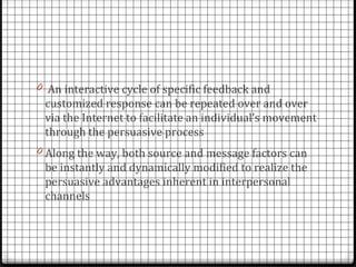 0 An interactive cycle of specific feedback and
 customized response can be repeated over and over
 via the Internet to facilitate an individual’s movement
 through the persuasive process
0 Along the way, both source and message factors can
 be instantly and dynamically modified to realize the
 persuasive advantages inherent in interpersonal
 channels
 
