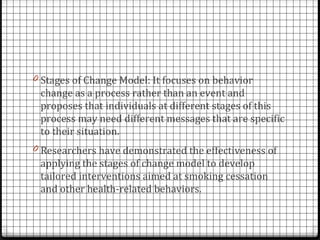 0 Stages of Change Model: It focuses on behavior
 change as a process rather than an event and
 proposes that individuals at different stages of this
 process may need different messages that are specific
 to their situation.
0 Researchers have demonstrated the effectiveness of
 applying the stages of change model to develop
 tailored interventions aimed at smoking cessation
 and other health-related behaviors.
 
