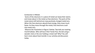 Conduction in Metals
Some of the electrons in a piece of metal can leave their atoms
and move about in the metal as free electrons. The parts of the
metal atoms left behind are now positively charged metal ions.
When the free electrons absorb heat energy, they move much
faster. As they move through the metal, free electrons crash
into metal ions.
Observe the illustration in figure 2 below. Two kids are roasting
marshmallows. Who will burn their hands first, the kid using a
wooden stick or the one holding a metal rod? Why? You will
learn more about heat transfer in our activity and discussion
today.
 