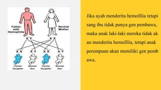 Jika ayah menderita hemofilia tetapi
sang ibu tidak punya gen pembawa,
maka anak laki-laki mereka tidak ak
an menderita hemofilia, tetapi anak
perempuan akan memiliki gen pemb
awa.
 