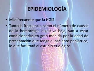 EPIDEMIOLOGÍA
• Más frecuente que la HGIS
• Tanto la frecuencia como el número de causas
de la hemorragia digestiva baja, van a estar
condicionadas en gran medida por la edad de
presentación que tenga el paciente pediátrico,
lo que facilitará el estudio etiológico.
 